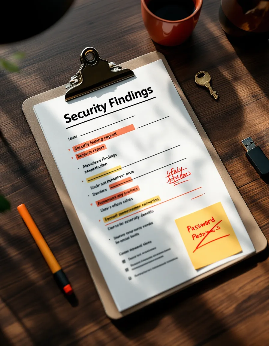 A highlighted printed findings report on a clipboard beside a crossed-out password sticky note and a security key