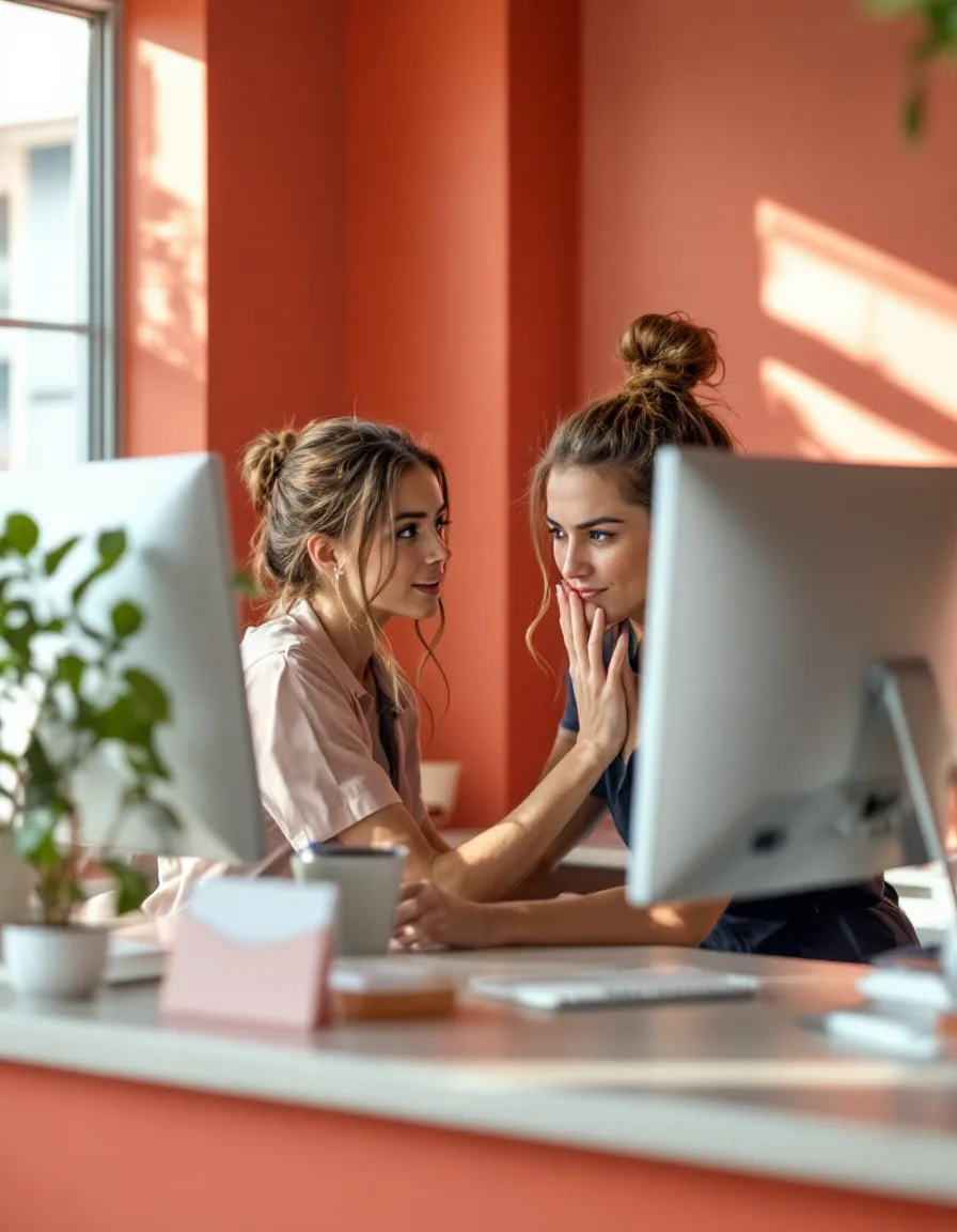 A dental receptionist eyeing a suspicious email on her monitor with a raised eyebrow